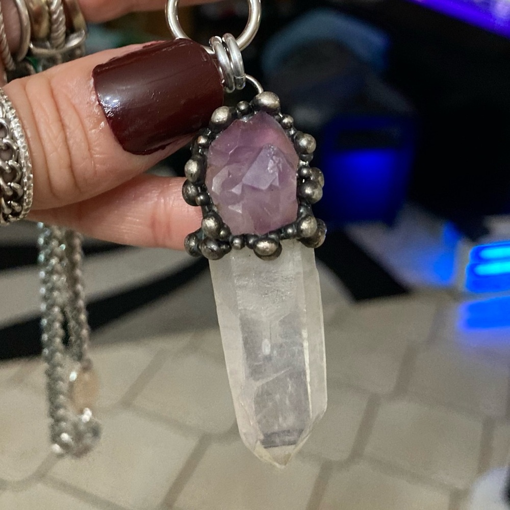 crystal quartz & amethyst gem stainless steel maille celtic lariat Y necklace. - Picture 6 of 15